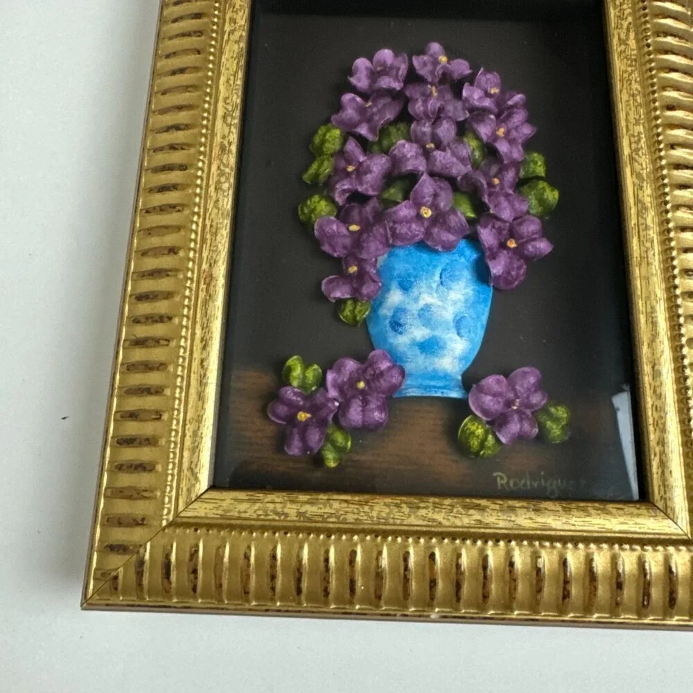 Vintage 97s Handmade ART Work Artist signed 3D  Purple Flowers Gold Frame
